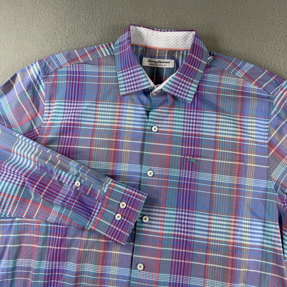 Tommy Bahama Mens L  Sarasota Stretch Shirt Plaid Coolmax Long Sleeve Flip Cuff